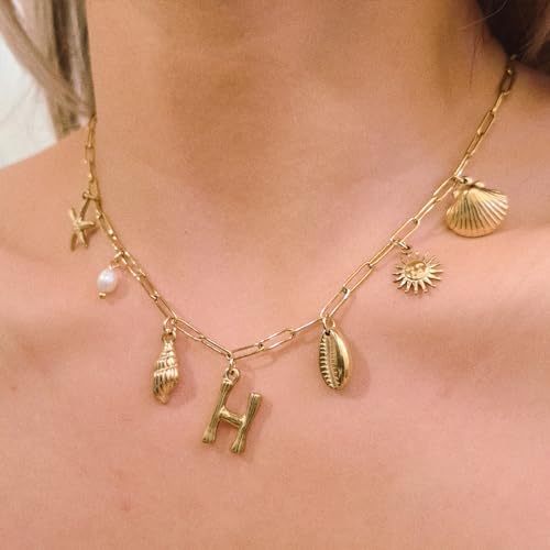 Gold Initial Charm Necklace for Women Gold Shell Starfish Necklace Summer Beach Charms Necklaces for Women Beach Jewelry Gift - Image 5