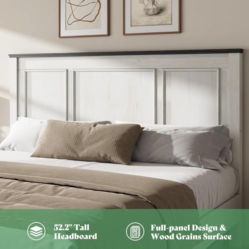 Image of AMERLIFE 52.2 inch Farmhouse Bed Frame with Tall Panel Headboard & Footboard, King Size Storage Bed Frame with Spacious Drawers, No Box Spring Needed, Platform Bed Frame for Bedroom, Rustic White