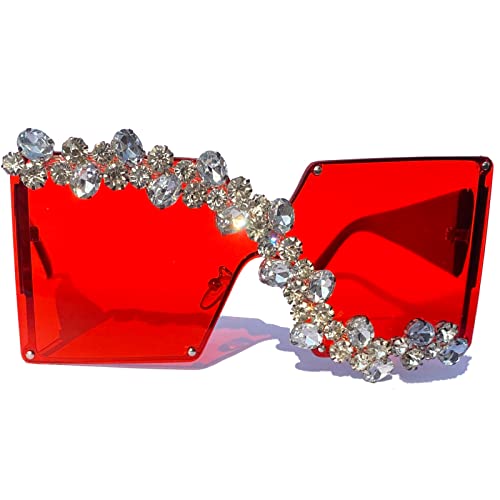 mincl/Oversized Shield Sunglasses Woman 2019 Fashion Luxury Shades UV400 Vintage Flat Top Futuristic Sunglasses (Rhinestone&red)