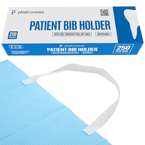 250 Disposable Bib Holders - Light Flexible Neck Holder Straps for Dental Bib, Drapes, Covers - Paper Napkin Holder with Easy-to-Peel Self-Adhesive Ends - Adjustable Size, White