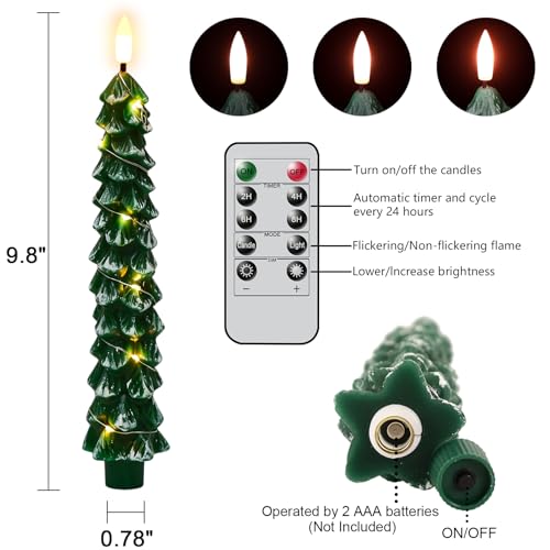 Image of GenSwin Christmas Tree Flameless Taper Candles candlesticks Remote Timer | Green,String Lights, Battery Operated Led Candle, Christmas Home Winter Decoration, 4 Pack, 0.78 inch x 9.8 inch