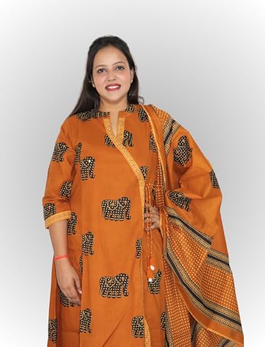 Image of Vedickulture Traditional Elephant Print Angrakha Kurta Set with Pants, Mustard Orange, Cotton, 3 /4 Sleeve