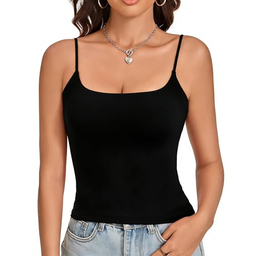 NEXSONIC Women's Double Lined Basic Tank Tops Cropped Adjustable Spaghetti Straps Sleeveless Camisole Shirts X-Small Black
