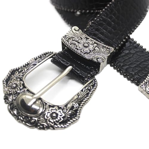 Women's Western Genuine Leather Belt Black Vintage Cowgirl Rhinestone Design3