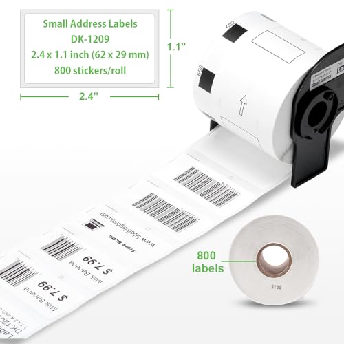 Replace for Brother (2.4 in x 1.1 in) DK-1209 White Label for Small Address/Barcode Labels, Roll of 800 Stickers use with QL-800 Printer, 29 x 62mm (5 Rolls+ 1 Reusable Cartridges)