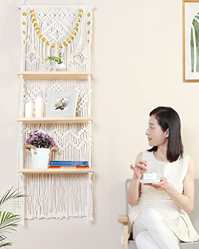 Makeonewo Macrame Wall Hanging Shelf-3 Tier Macrame Shelves Handmade Decorative Floating Boho Shelf-Plant Shelf Display Rack To Organize And Decor For Living Room, Bedroom, Bathroom #TOP1