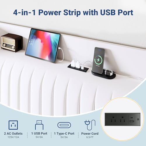 Image of Allewie King Size Platform Bed Frame with USB Charging Station and Storage Shelf /Upholstered Velvet Wingback Headboard /Wooden Slats Support /No Box Spring Needed /Easy Assembly, White