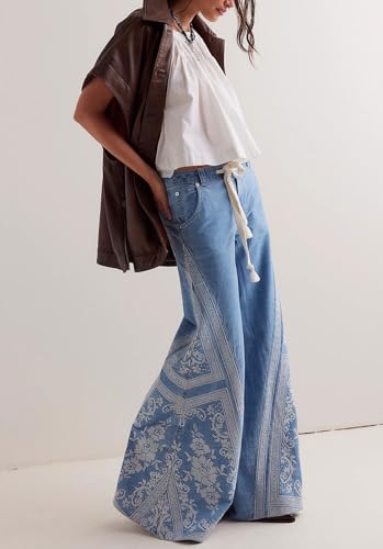 loveimgs Women Retro Y2k Bell Bottom Jeans Embroidered Flare Jeans Cowgirl Baggy Floral Wide Leg High Rise Denim Pants Pocket3