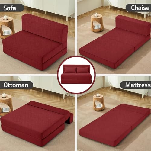 Image of Los Angeles Foldable Two Seater Sofa Cum Bed, Sofa Bed 4 X 6 Feet, Jute Fabric- Washable Cover- Including Two Cushion Perfect for Home & Office, Guest Room -Red Color