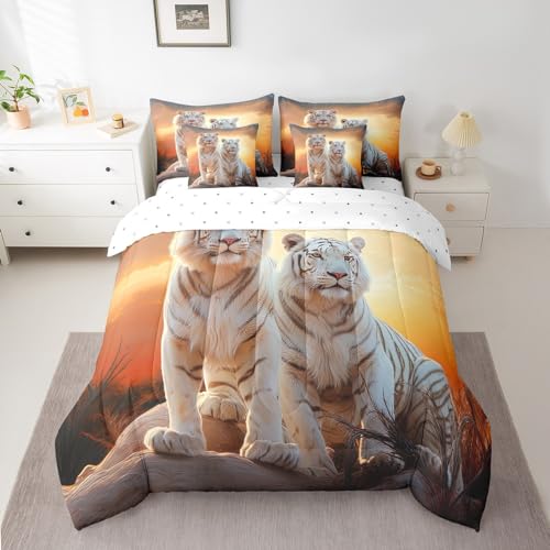 Erosebridal Tiger Couple Bedding Set Wildlife Comforter Set Twin Size 7 Piece for Kids Adults Men Women,Safari Animal Bed in A Bag with Sheets,Pillow Cases and Covers,Reversible Bed Set