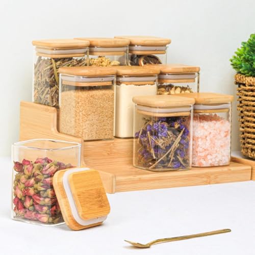 Image of Airtight Square Glass Storage Jar with Bamboo Lid 220ML Pack of 12 | Borosilicate Multipurpose Kitchen Container for Coffee, Tea, Sugar, Masala, Spices & Dry Fruits | Transparent Pantry Organizer