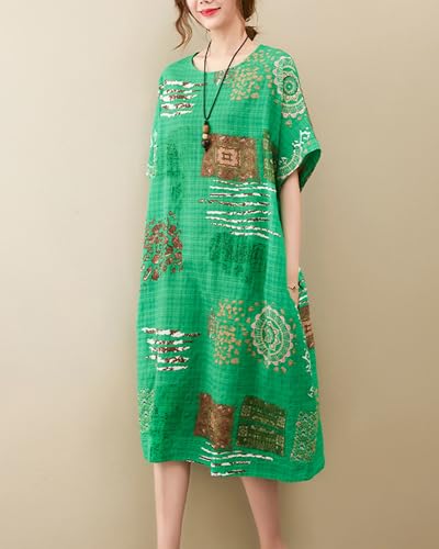 Image of LUZU JUNU Women's Summer Baggy Plus Size Loose Cotton Linen Long Boho Beach Dress with Pockets
