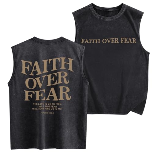 Mens Christian Sleeveless Shirts Faith Over Fear Graphic Tank Tops Gym Workout Acid Wash Tanks Cut Off Muscle Shirt
