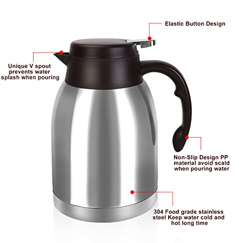 Stainless Steel Thermal Coffee Carafe Dispenser, Unbreakable Double Wall Vacuum Thermos Flask Large Capacity 56oz 1.6L Water Tea Pot Beverage Pitcher for Summer Iced Cold Coffee (Classic Silver)