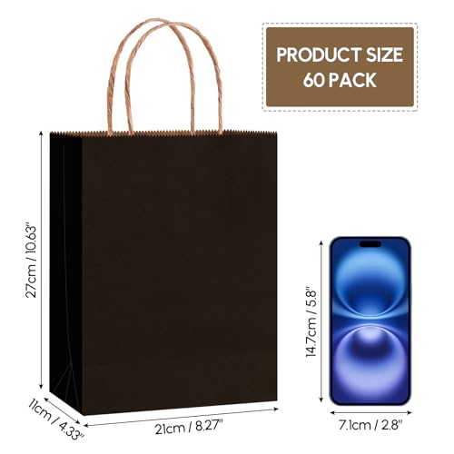 Qioxiou 60 Pack Black Gift Bags 8.27x4.33x10.63 Medium Kraft Paper Gift Bags with Handles Bulk, Black Paper Sacks for Wedding Birthday Party Favor, Business, Retail, Shopping, Merchandise, Grocery — view 2