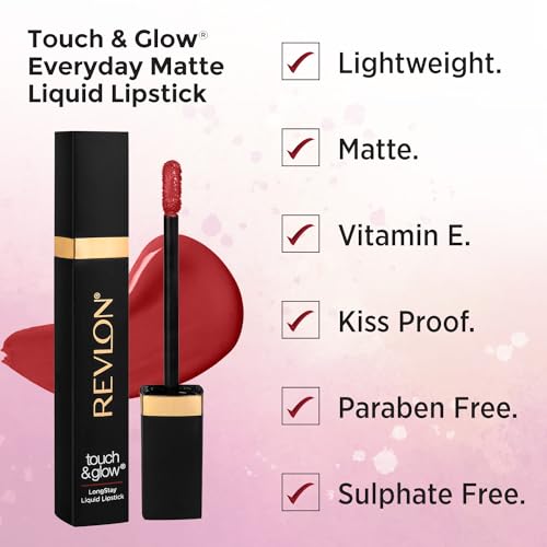 Image of Revlon Touch & Glow Everyday Matte Liquid Lipstick|Lightweight, Transferproof, Kiss Proof, Non Sticky infused Vitamin E|Parabeen & Sulphate free -Scralet Soverign