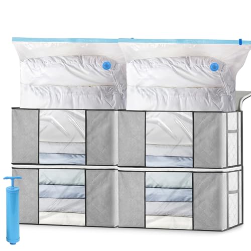 Leavans 4 Piezas 90L Cajas Almacenaje, 4 Bolsas Vacío y 1 Bomba, Organizador Armario Plegable Con Asa Reforzada Para Guardar Ropa, Edredones, Mantas