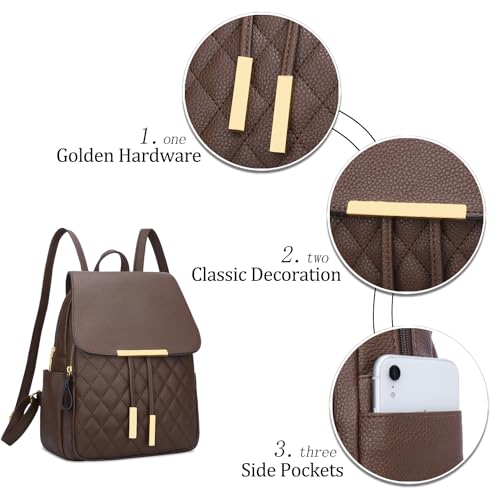 Image of KKXIU Quilted Trendy Leather Backpack Purse for Women and Ladies Shoulder Travel Daypacks Bags (Coffee)