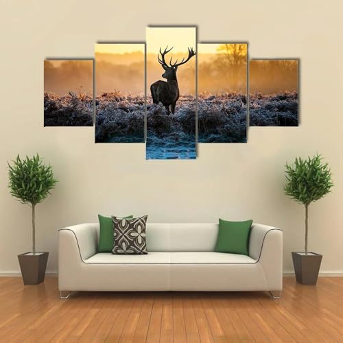 Décoration murale cerf élaphe pour salon : grand tableau triptyque et polyptyque 5 pièces avec cadre