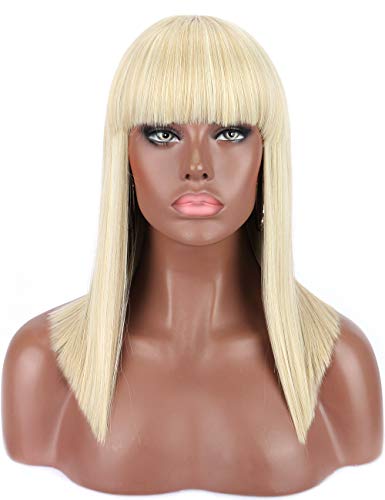 Kalyss Women's Short Straight Blunt Bob Cut Wigs Platinum Blonde Wigs with Hair Bangs Heat Resistant Premium Synthetic Wigs for Women Natural Looking Daily Wear Wig, 18 inches, 0.5lb