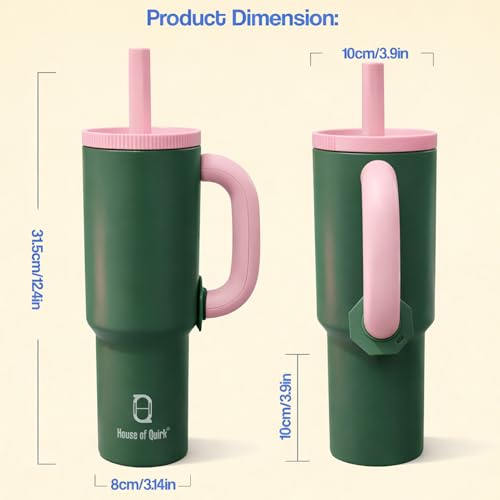 Image of House of Quirk 1200ml Stainless Steel Tumbler with Handle, Straw & Straw Cap | Leakproof Water Bottle | Large Capacity Travel Mug (Strawberry Matcha)