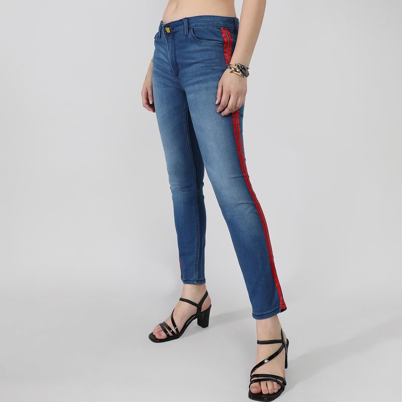 Image of PINACOLADA Women's Side-Striped Denim Jeans for Casual Wear | Light-Wash | Regular Fit | Button Closure | Cotton Denim Jeans Crafted with Comfort Fit for Everyday Wear