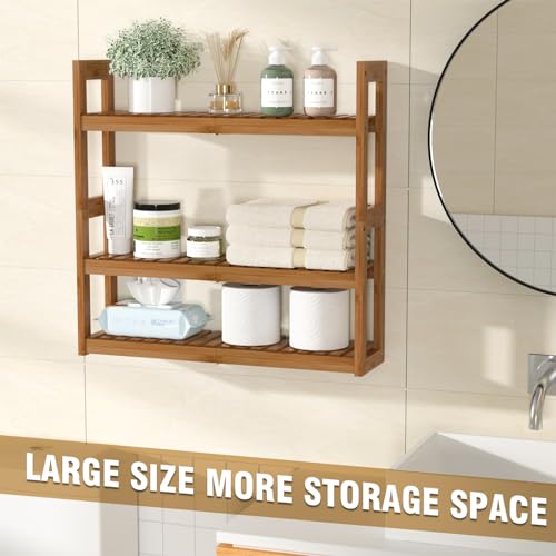 Domax Bathroom Shelves Over The Toilet Storage Shelf - 3 Tier Wall Mount Bamboo Bathroom Shelf Organizer Multifunctional Adjustable Layer Free Standing Utility Shelves for Bathroom Living Room Kitchen