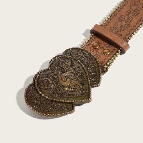 Image of Yalice Western Brown Belt for Women Vintage Cowgirls Leather Jeans Belts with Embossed Buckle