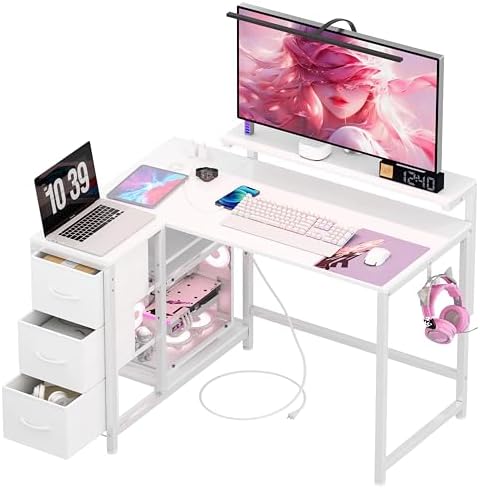 （21:30時点） LunarLight PCパソコンデスク 幅108奥行80高さ85-108.5cm テレワーク L型デスク・左右組み換え自由 モニタ台の高さ調節可能 引き出しとコンセント付き 収納たっぷり ゲーミングデスク オフィスデスク 書斎 収納ラック付き (ホワイトWH, L型)