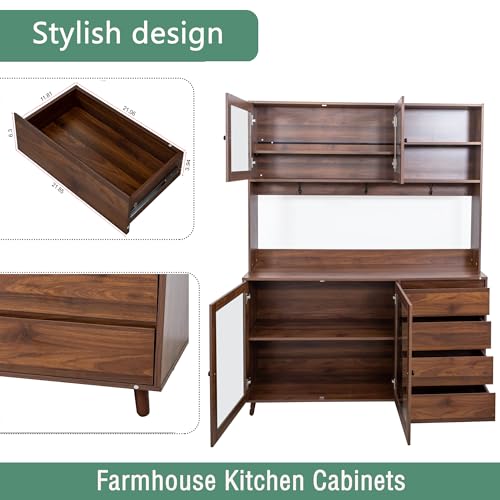 Image of Farmhouse Kitchen Pantry Cabinet, 74.8 inch Tall Freestanding Cupboard with Multi-Tier Storage Rack and Microwave Stand for Kitchen, Dining Room, Walnut