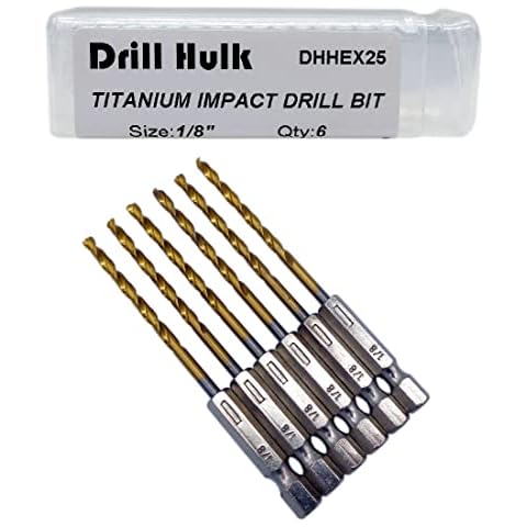 Pack of 6, 1/8-Inch Titanium Nitride Coated Drill Bit, Hex Shank, Premium M2 High Speed Steel, for Metal, Plastic, Wood Cover