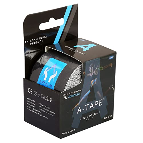 Image of A-Tape Kinesiology Tape 5Cm x 5MTR Roll | Cotton Waterproof Elastic Sports Tape for Muscle Support, Pain Relief, Injury Recovery, Physiotherapy & Joint Stability (Made in Korea) (Color-Black)