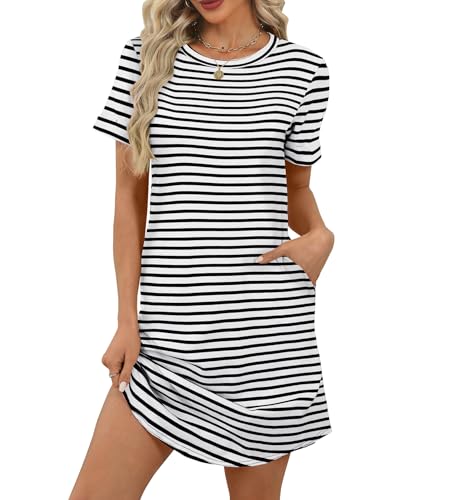 Bluetime Summer Dresses for Women 2025 Loose Crew Neck Short Sleeve Casual T Shirt Dress Sundresses with Pockets(White Striped,Large)