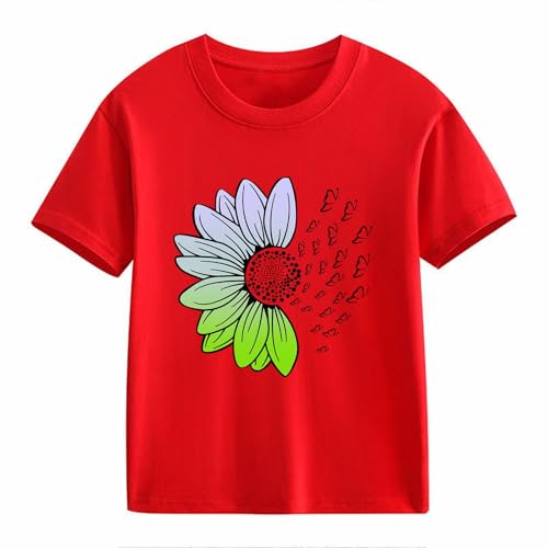 Girls Loose Fit Sunflower Graphic T Shirts Short Sleeve Crewneck Cute Pattern Printed Tops Kids (D-Red, 8-9 Years)2