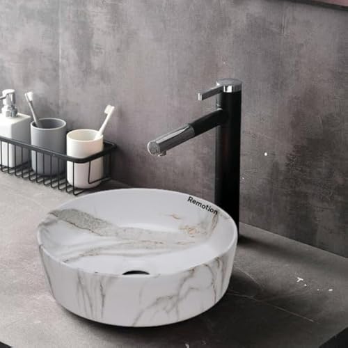 Image of REMOTION Round Countertop Wash Basin For Bathroom | Tabletop Ceramic Bathroom Sink | Wash Basin Over Counter | Wash Basin For Living Room, Resturent (12.5 x 12.5 x 5 Inch) (Marble White Grey)