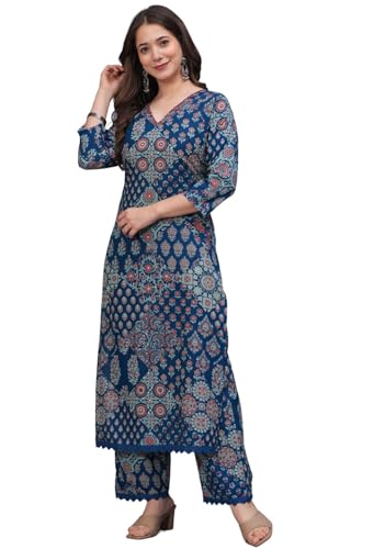 Image of rytras Women Pure Cotton Printed Straight Kurta Set with Palazzo Pants - Ethnic Wear