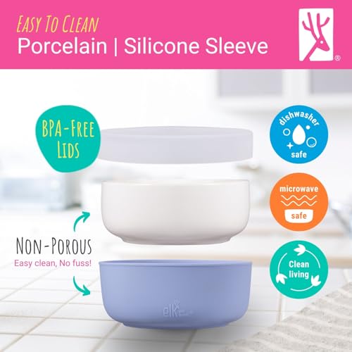 Elk and Friends Kids Porcelain Bowls with Silicone Suction Sleeves | Lids Included | Suitable for Babies/Toddlers | Microwave & Dishwasher Safe | Stay Put Dinnerware | Snack Dishes | 4 Pack by Elk and Friends - Image 7