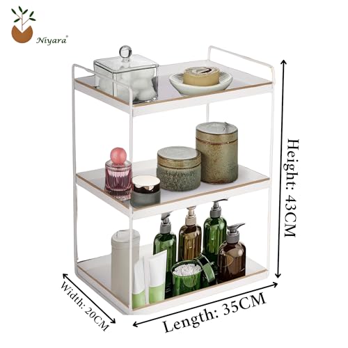 Image of Niyara Iron Metal Heavy Duty Stand 3-Tier multistorage /Multipurpose Standing Rack, Bathroom Countertop Storage Shelf Cosmetic Organizer Holder Kitchen Spice Rack, (White With Gold)