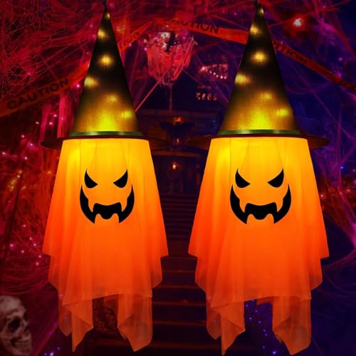 Aluusy Luci Halloween Decorazioni Esterno, 2 Fantasma Appeso di Halloween, LED Carnevale Deco Giardino Casa per Natale Carnevale, Fantasmi da Appendere Notturna per bambini 105×35.5cm
