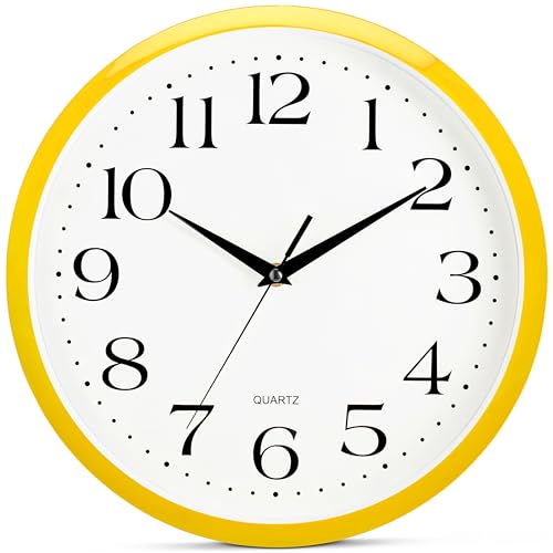 Image of Bernhard Products Yellow Wall Clock 12 inch Silent Non Ticking Battery Operated Quartz Easy to Read Round Classroom Home Decor for Kids Playroom Baby Room Nursery Fun