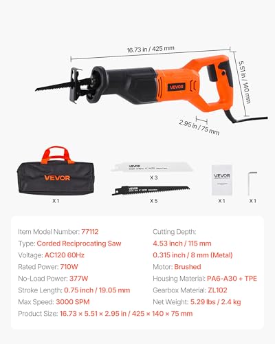 Image of VEVOR 6 Amp Corded Reciprocating Saw, 3 /4 inch Stroke Length, Power Reciprocating Saw with Variable Speed, 3000 SPM, 8 Blades & Bag Included, for Wood, Metal, and Plastic Cutting