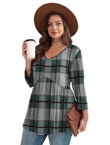 Image of OFEEFAN 3 /4 Length Sleeve Womens Tops 2026 Blouses for Women Dressy Casual Fashion Clothing V Neck Babydoll Tops Fall Outfits