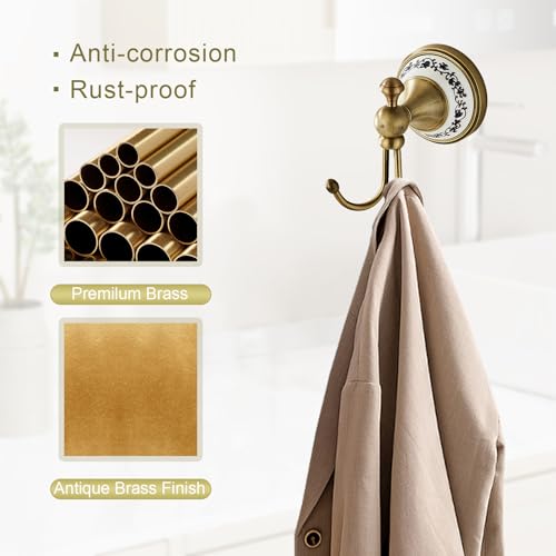 3er-Set Badezimmer-Accessoires mit Porzellan Antik Messing, Toilettenpapierhalter, Handtuchring & Doppel-Haken, Vintage Set für Bad & WC