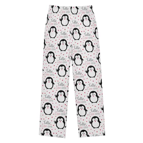 Penguin I Love Coffee Boys Long Pants Soft Trousers Elastic Waist Kids Lounge Bottoms with Pockets S-XL