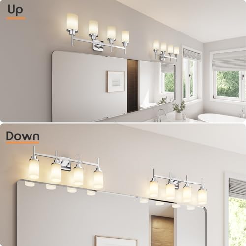 Image of 4-Light Vanity Lighting Fixtures with White Frosted Glass Shade, Polished Chrome Bathroom Wall Lamps Over Mirror for Bath Restroom Kitchen T001CH-L4