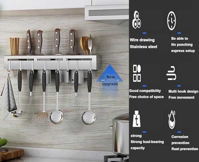 Knife Holder, Stainless Steel Knives Holder with 8 Hooks, No Punching kitchen Wall Mounted Multifunctional Chopsticks & Knife Holder for Storing Chopsticks, Knives & Rags in Home/Hotel