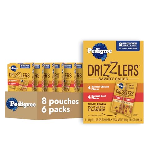 Image of Pedigree Drizzlers Savory Sauce Wet Dog Pouch, Multipack, 8 Count, 6-Pack | Chicken & Beef flavors, 4 calories per serving, 8 ingredients, dual-serving split pouch, maintains kibble crunch