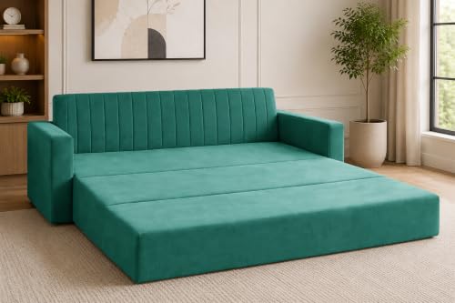 Image of 3-Seater Velvet Sofa Cum Bed with Armrests | Modern Convertible Sleeper Couch | Stylish Sofa Bed for Living Room, Bedroom & Office | Green
