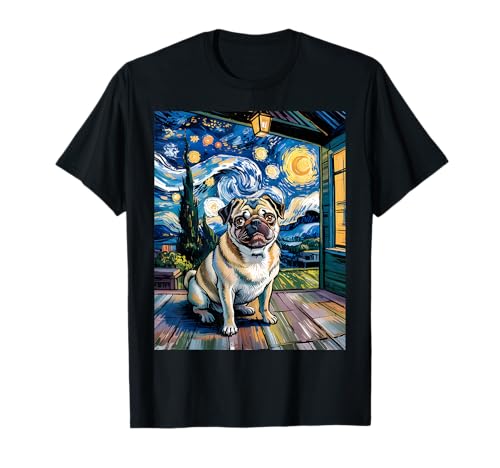 Pug Starry Night Van Gogh Artista Grafico Pittura Pittura Maglietta