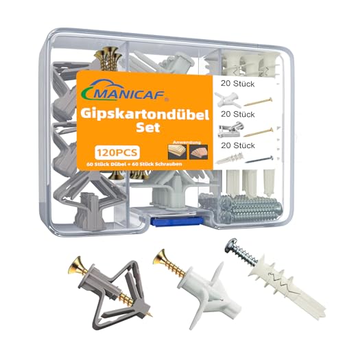MANICAF Gipskartondübel Set, 120 Stück Hohlraumdübel, Rigipsdübel mit Schrauben, Trockenbau Dübel Hohlraumdübel Butterfly für Gipskartonplatten, Faserplatten, Hohlraumwände(60 Dübel + 60 Schrauben)